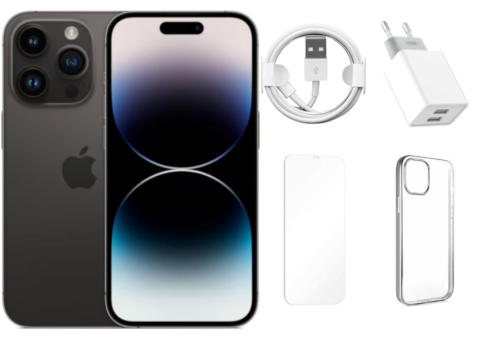 Nowoczesny smartfon z akcesoriami, w tym ładowarką, kablem oraz etui, idealny do codziennego użytku i ochrony urządzenia.