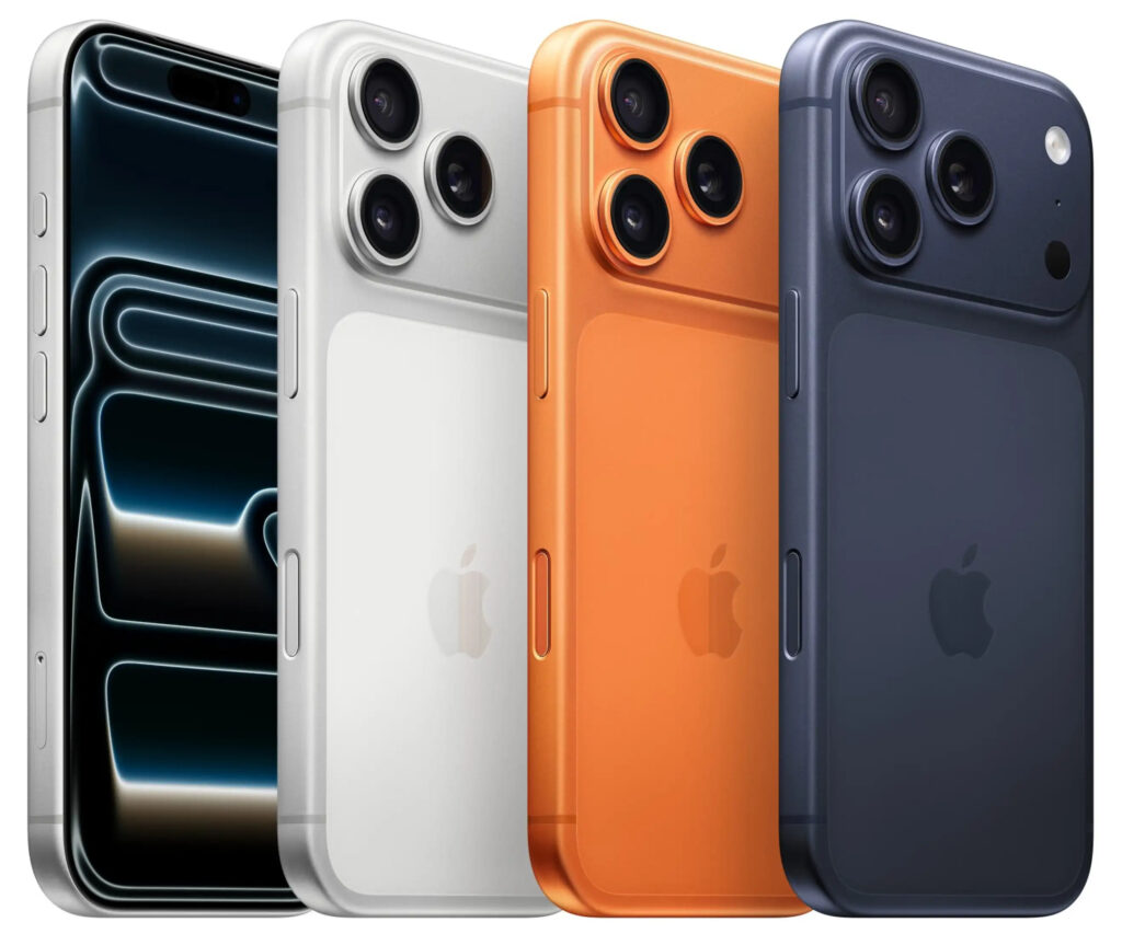 Porównanie modeli iPhone 17 i iPhone 16 Pro z różnymi kolorami obudowy i nowoczesnym designem.