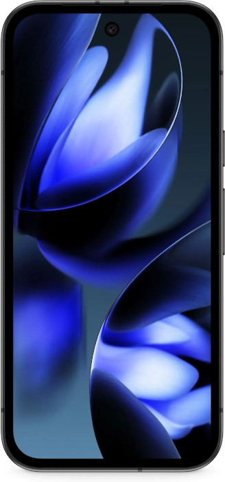 Smartfon Google Pixel 9a w kolorze czarnym z eleganckim, niebieskim tłem, idealny do codziennego użytku.