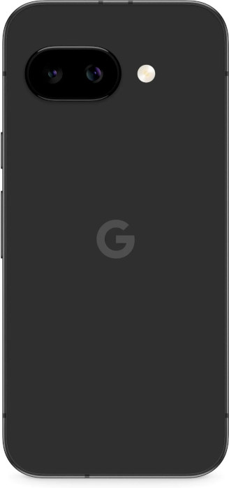 Czarny tył smartfona Google Pixel 9a z logo G oraz podwójnym aparatem fotograficznym.