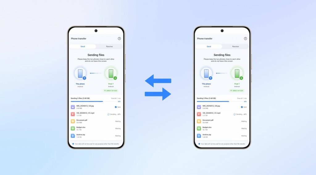 Transfer danych między telefonami z systemem Android, pokazujący postęp przesyłania plików i instrukcje dotyczące bezpieczeństwa.