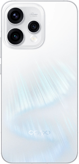 Elegancki biały smartfon Oppo Reno 15 5G z nowoczesnym designem i potrójnym aparatem fotograficznym.